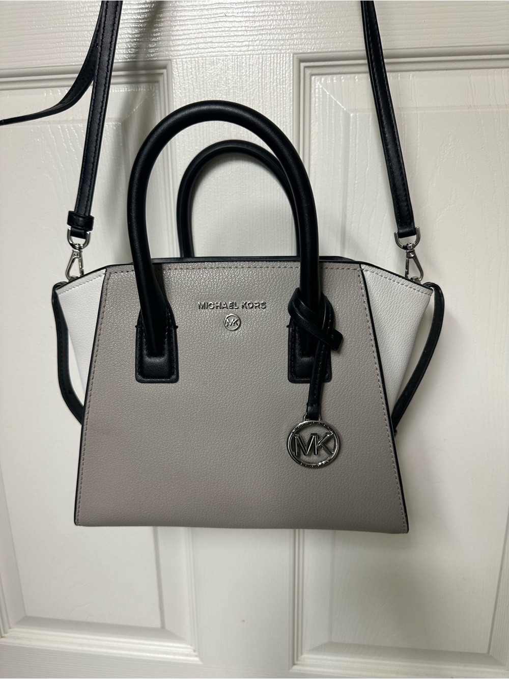 Michael Kors Kris Two-Tone Leather Satchel in Gray, White & Black